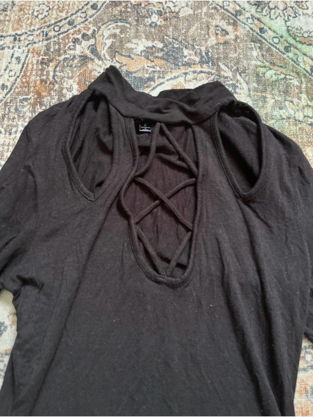 Jella Couture Black Quarter Length Sleeve Top with Lattice Neckline